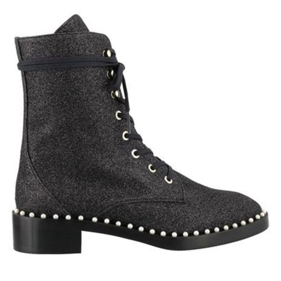 Stuart Weitzman|Sondra Bead Embellished Black Glitter Combat Boots, 6 - Picture 4 of 16